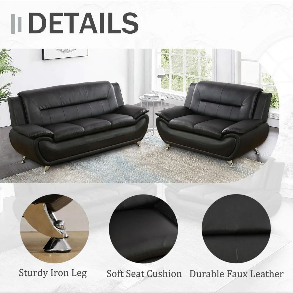 Faux Leather Sofa Couch Set, Living Room Sofa and Loveseat Set, Leather Couch and Loveseat Set for Living Room Office Home