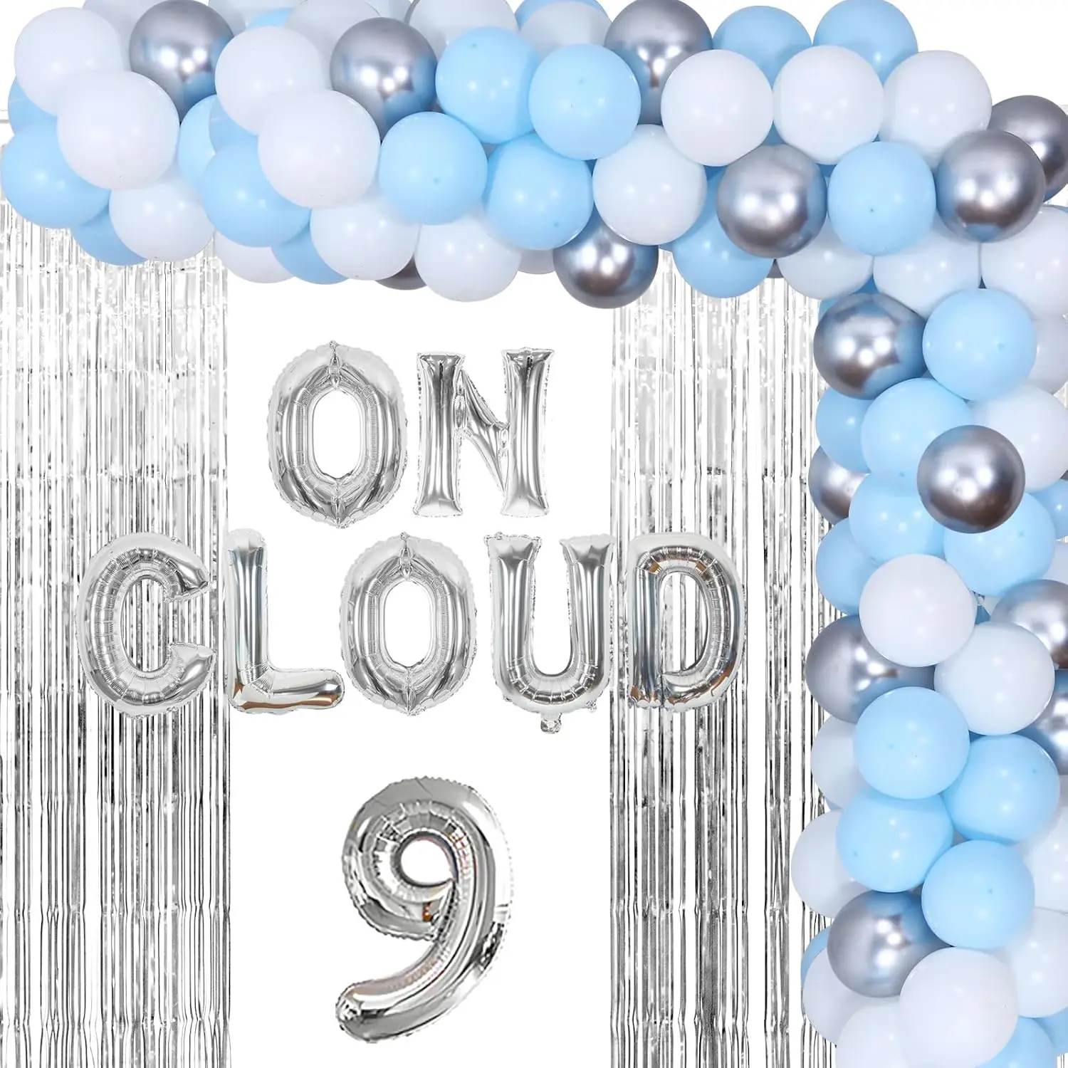 Baby Blue Balloons Garland Kit Fringe Curtains for Nine Year Old Girl, Bride On Cloud 9 Balloons for 9th Birthday Party Supplies