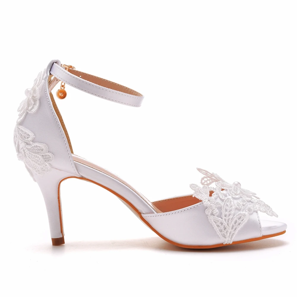 Crystal Queen White Pearl Lace Flower Wedding Shoes Women Open Toe High Heels Sandals Banquet Dress Stiletto