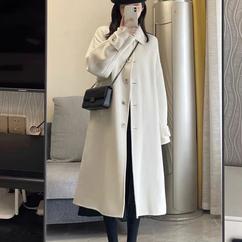 Gidyq Women Faux Woolen Coats Korean Fashion Elegant Bandage Loose Jacket Casual Female Button Long Blended Overcoat Autumn New