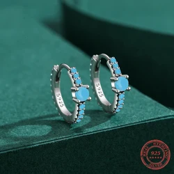 Vintage Natural Turquoise Hoop Earrings Solid 925 Sterling Silver Luxury Trendy Earring For Women Wedding Jewelry Brincos
