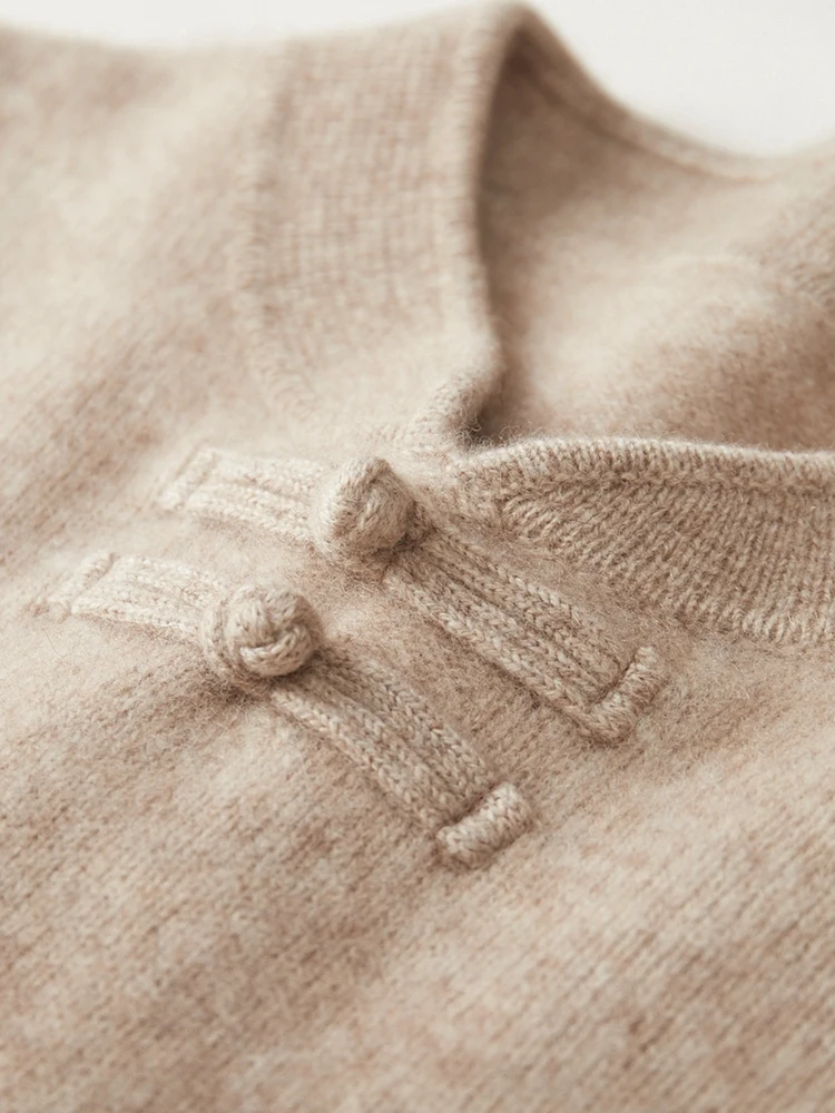 TLOML メンズ 100% メリノウールニットウェア レトロモックネックボタンウールプルオーバーセーター ソフトで暖かいカシミアセーター 中国風トップ