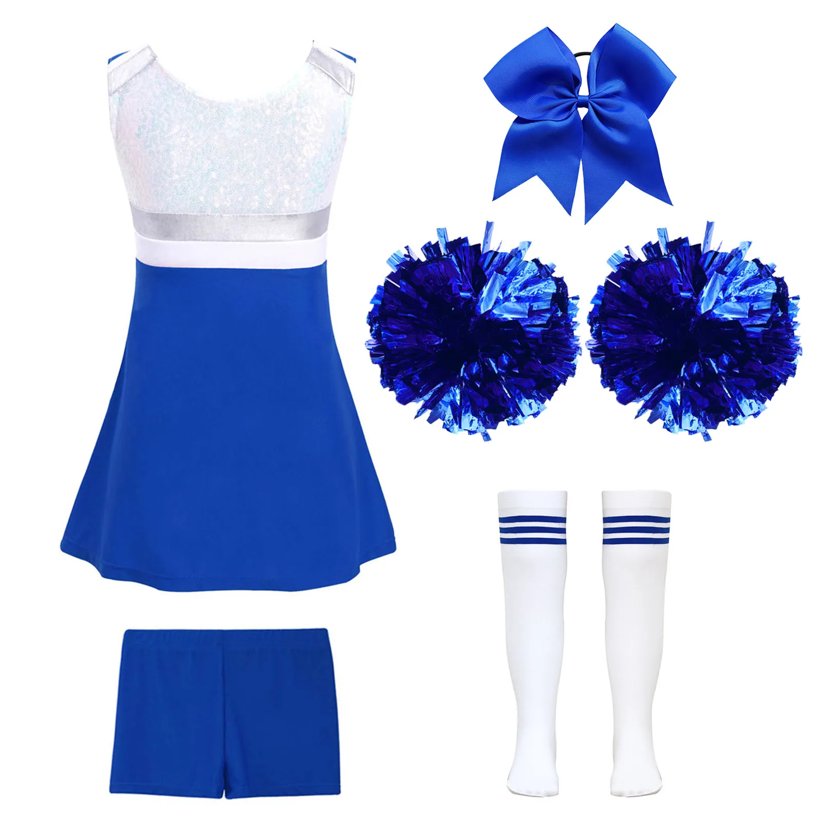 Teen Girls Cheerleading Dance Uniform Shiny Sequin Dress with Shorts Headwear Hand Flowers Socks Sports Meeting Show Costume