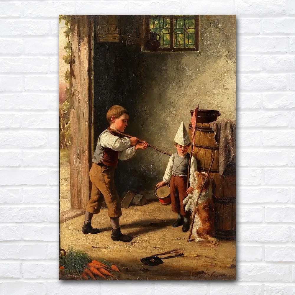 Classical Wall Art Canvas Painting 2 Boys Playing with a Dog Poster and Print Home Decor Items Illustration
