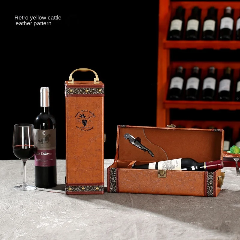 Red Wine Box Leather Material Single Wine Packing Wood Universal Gift Black Red Brown Home Desktop Decoration High-End Gift 1Pc