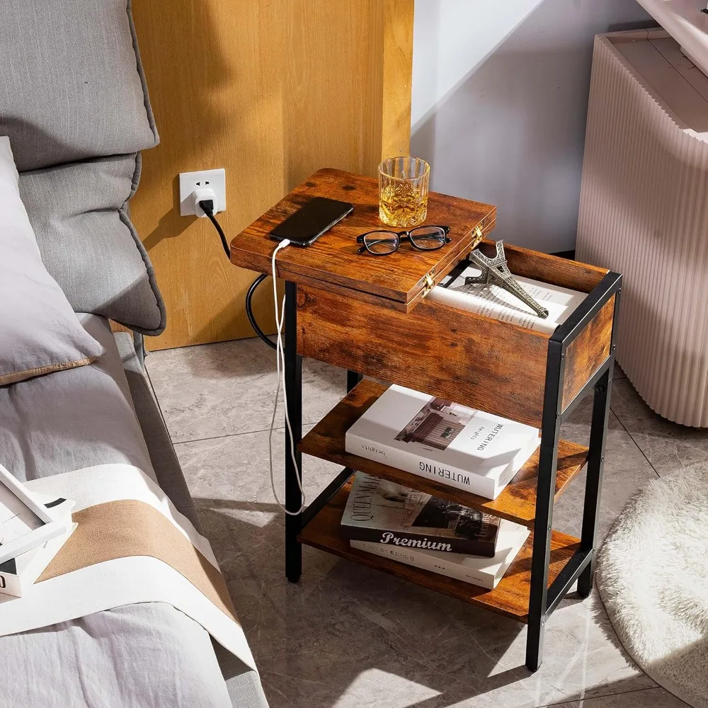 

End Table w/Charging Station, Flip Top Side Table w/USB Ports & Outlets, Sofa Bedside Narrow Nightstand w/Storage Shelves