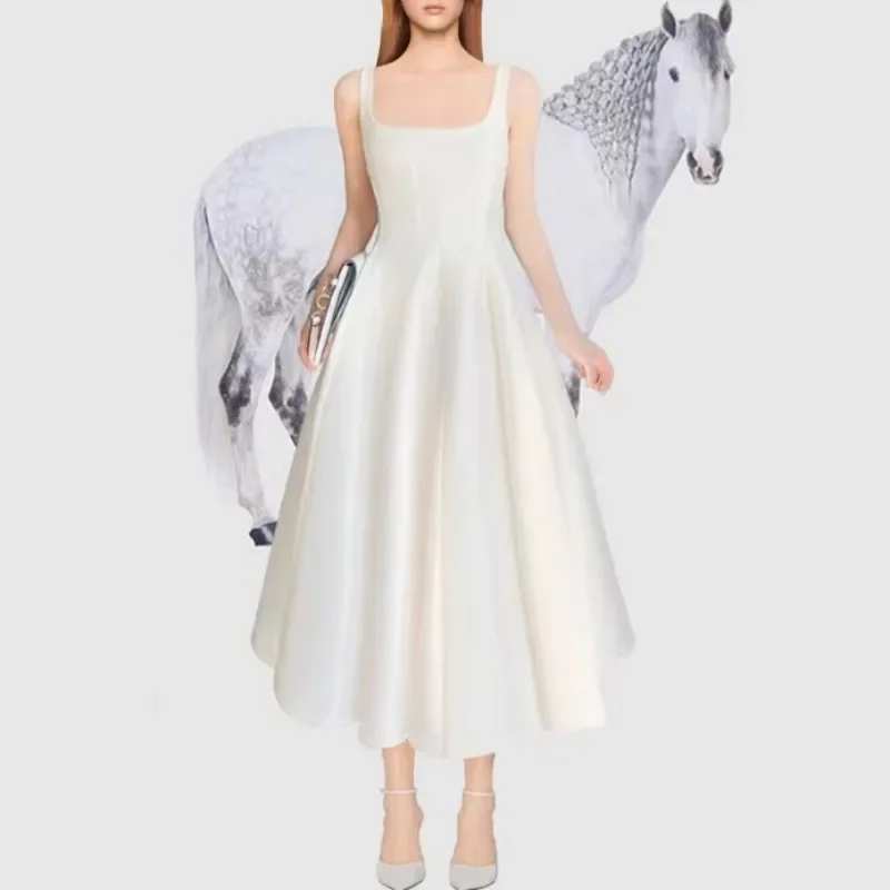 Abito da donna elegante in raso bianco aderente da sera per feste, abbigliamento da donna vintage, design da passerella, compleanno estivo