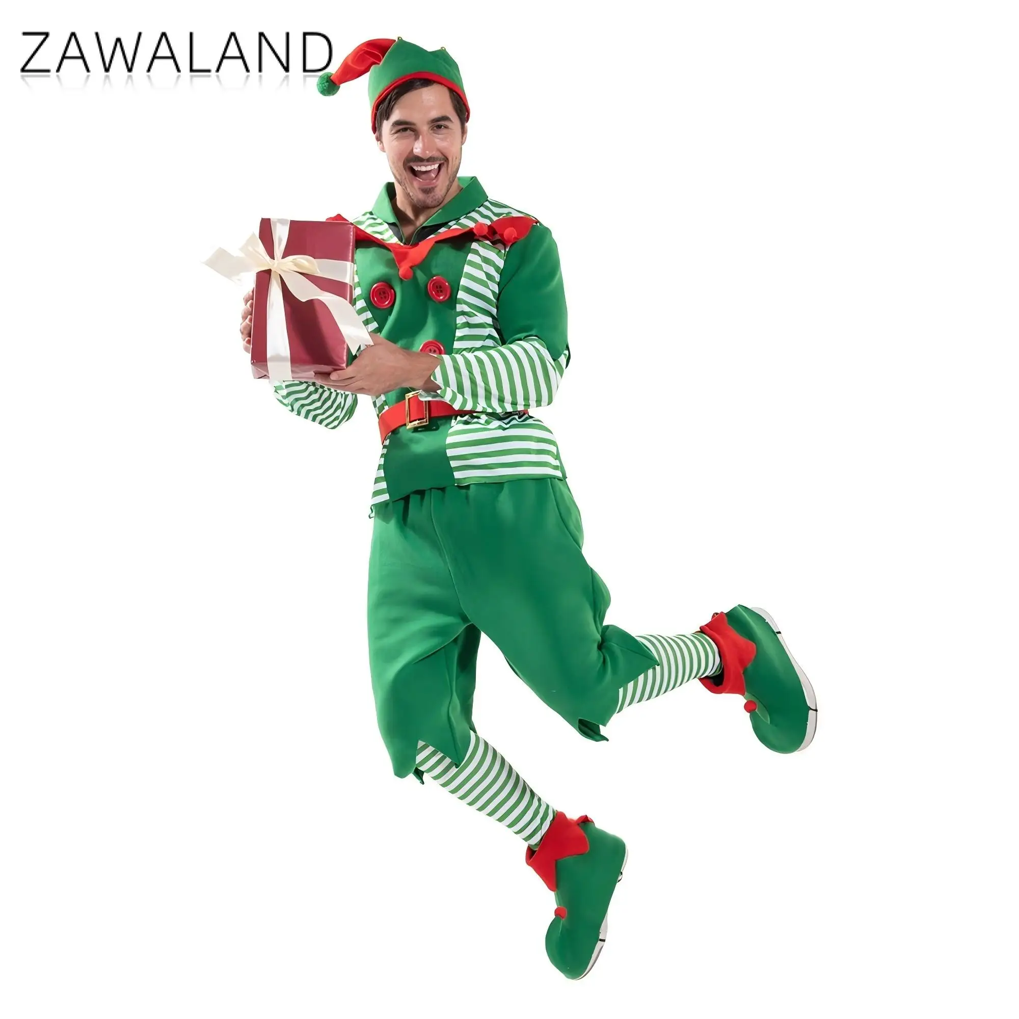 Zawaland Boże Narodzenie Mężczyźni Kostium Elfa z Kapeluszem Pończochy Pokrowce Na Buty Pas Rodzinny Karnawał Impreza Nowy Rok Fancy Xmas Dress Up Outfit