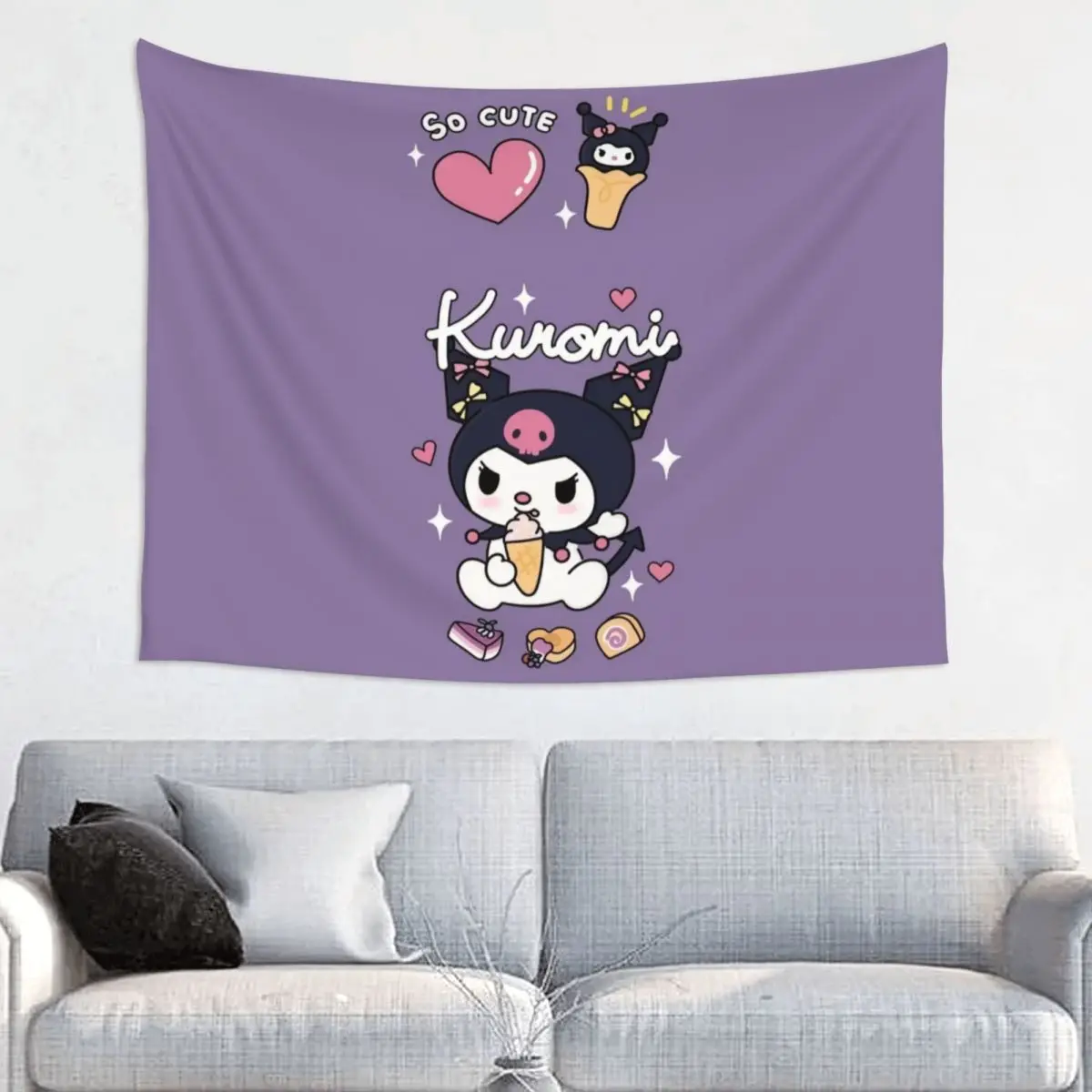 Custom Cute Kuromi Cartoon Anime Tapestry Wall Hanging for Dorm Hippie Tapestries Home Decor