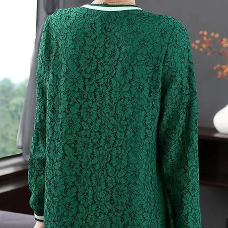 Casual Fashion Floral Lace Midi Shirt Elegant Hollow Out Spring Autumn Long Sleeve Spliced Female Clothing Basic O-Neck Blouse