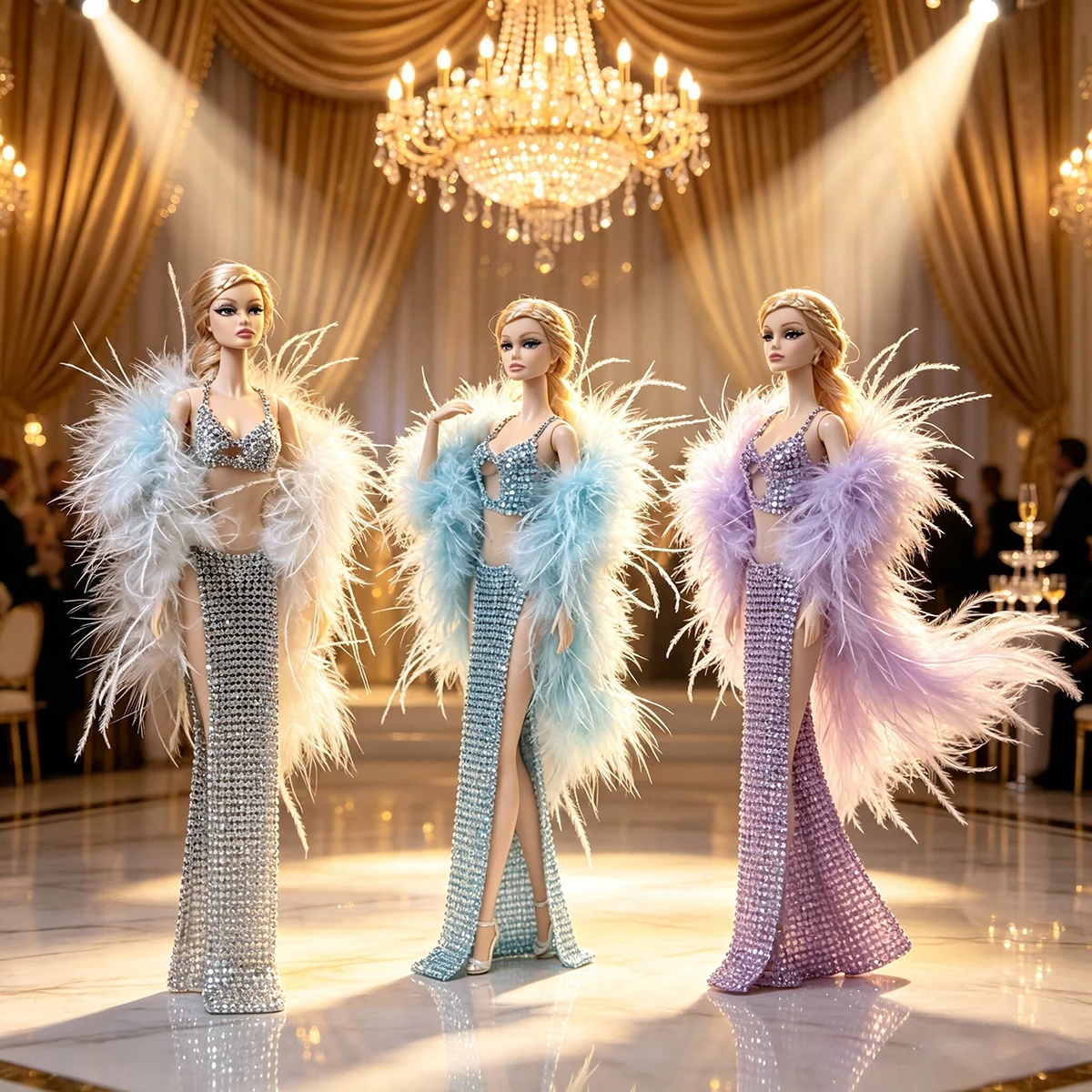 1/6 Doll Clothe Part Luxury Bling-bling Diamond Evening Gown/French Elegant Metal Sequin Dress+Feather Shawl For Supermodel Doll