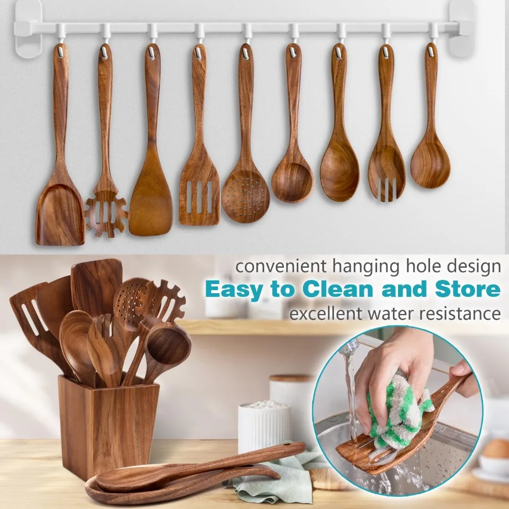 

Tool Wooden Spoons for Cooking, Acacia Wood Cooking Utensils Set – 11 Piece Wooden Kitchen Tools with Holder, Spoon Rest