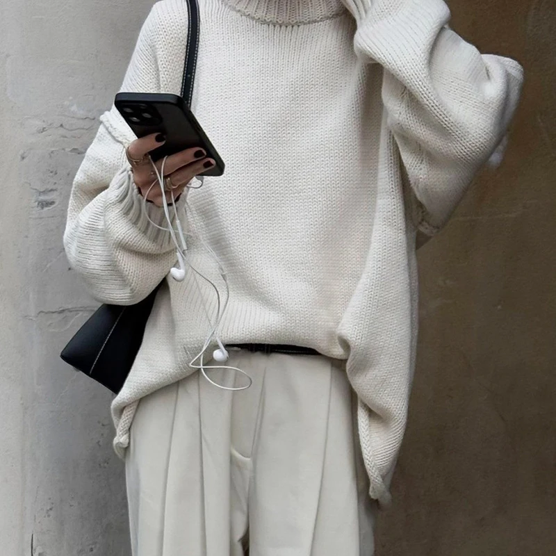 Ticketsx Solid Knitted Sweater Women's Long Sleeve O Neck Patchwork Oversize Top Female 2025 New Autumn Casual Pullover Sweater