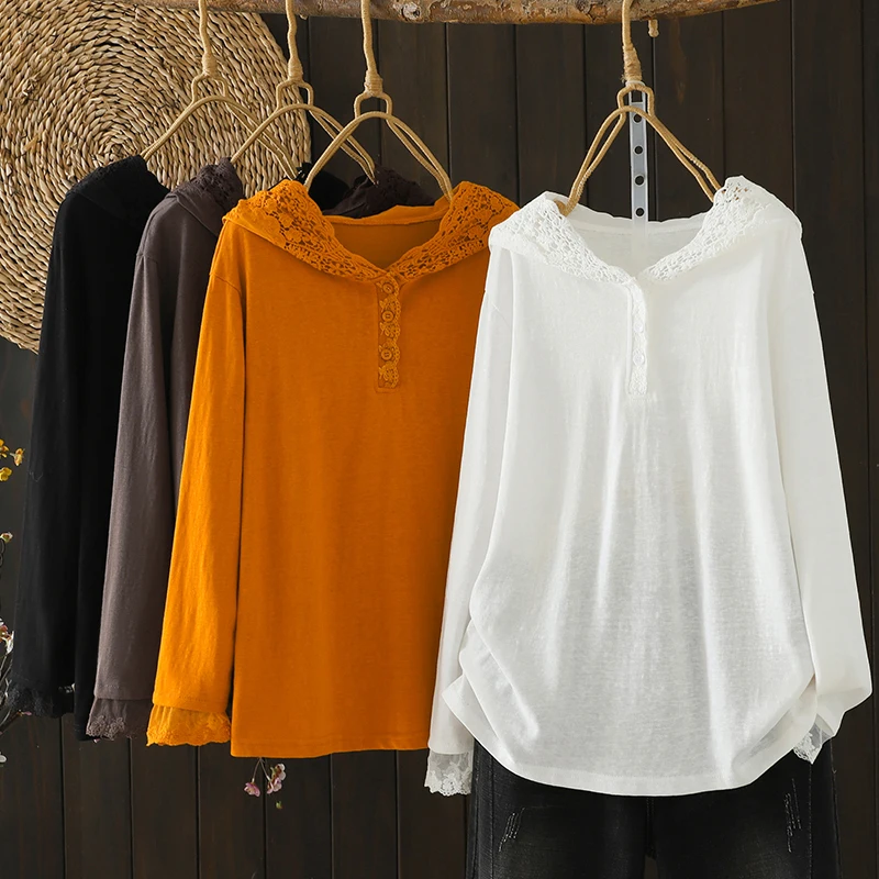Retro Floral Hook Hat Snowflake Cotton Knit Top Artistic  Color Hoodie T-Shirt Thin Women's T-Shirt Bamboo Fiber
