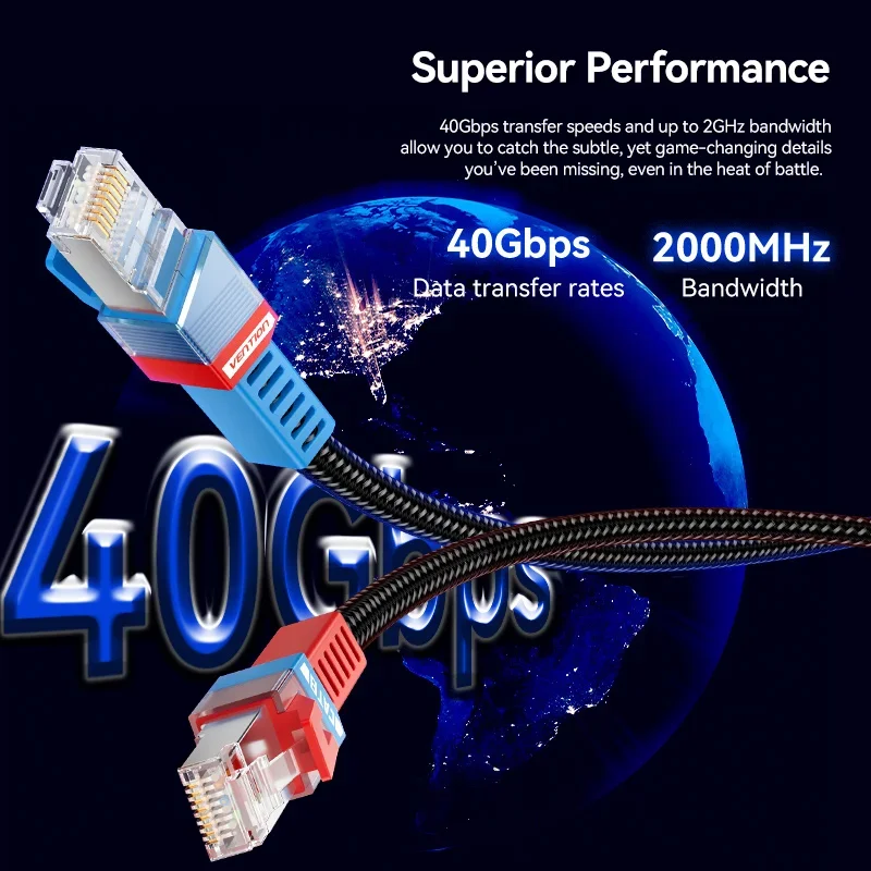 Vention CAT8 Ethernet Game Cable 40Gbps 2000MHz CAT 8 Networking Cotton Braided Internet Lan Cord for PC PS4 Modem Router RJ45