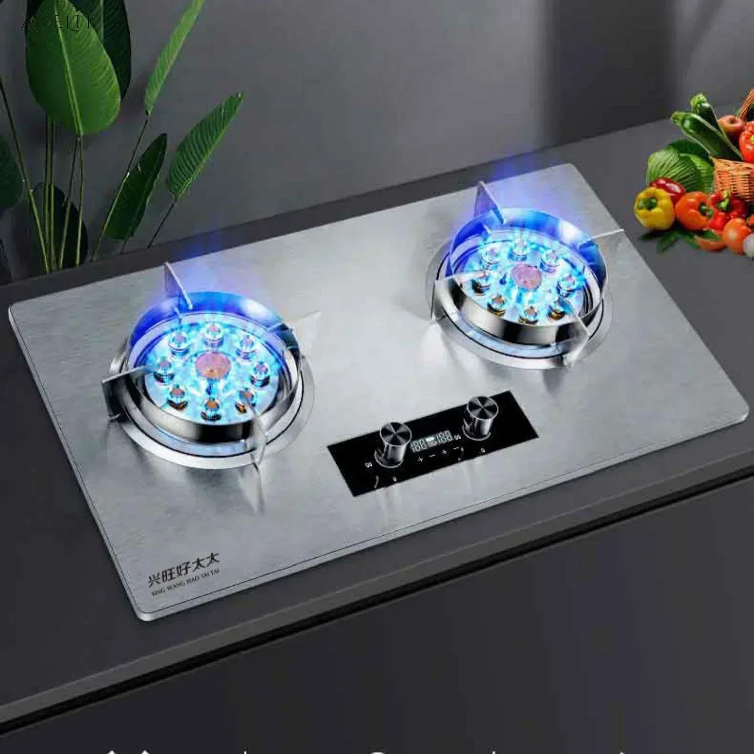 Household table-embedded double-stove gas stove. For natural gas and liquefied gas. Fierce fire. With timing function.