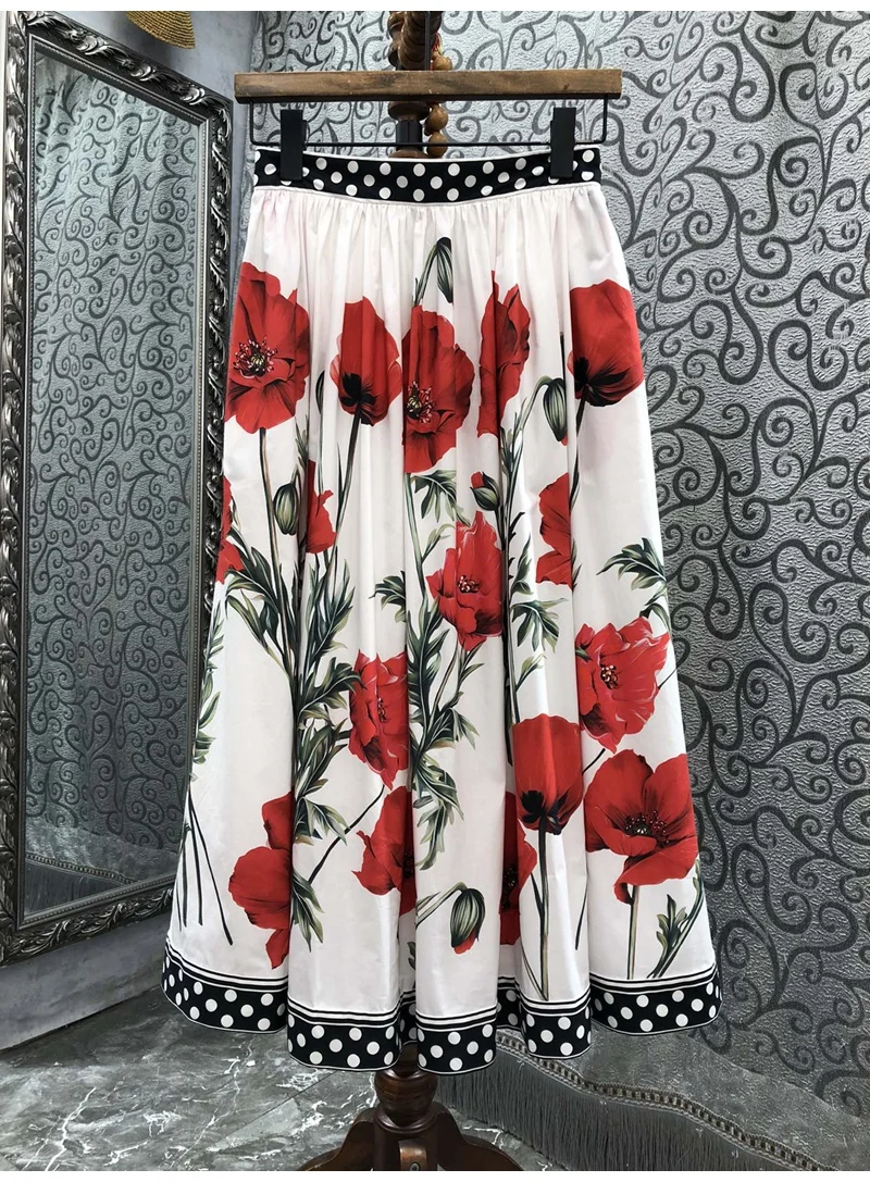 

100%Cotton Skirts 2023 Spring Summer Skirt Ladies Red Floral Polka Dot Prints Mid-Calf Length A-Line Casual Beautiful Skirt