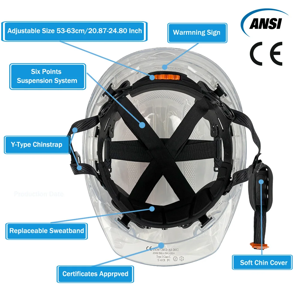 CE Construction Transparent Safety Helmet Worker Climbing Protective Vented PC Hard Hat Outdoor Workplace Head Protection ANSI