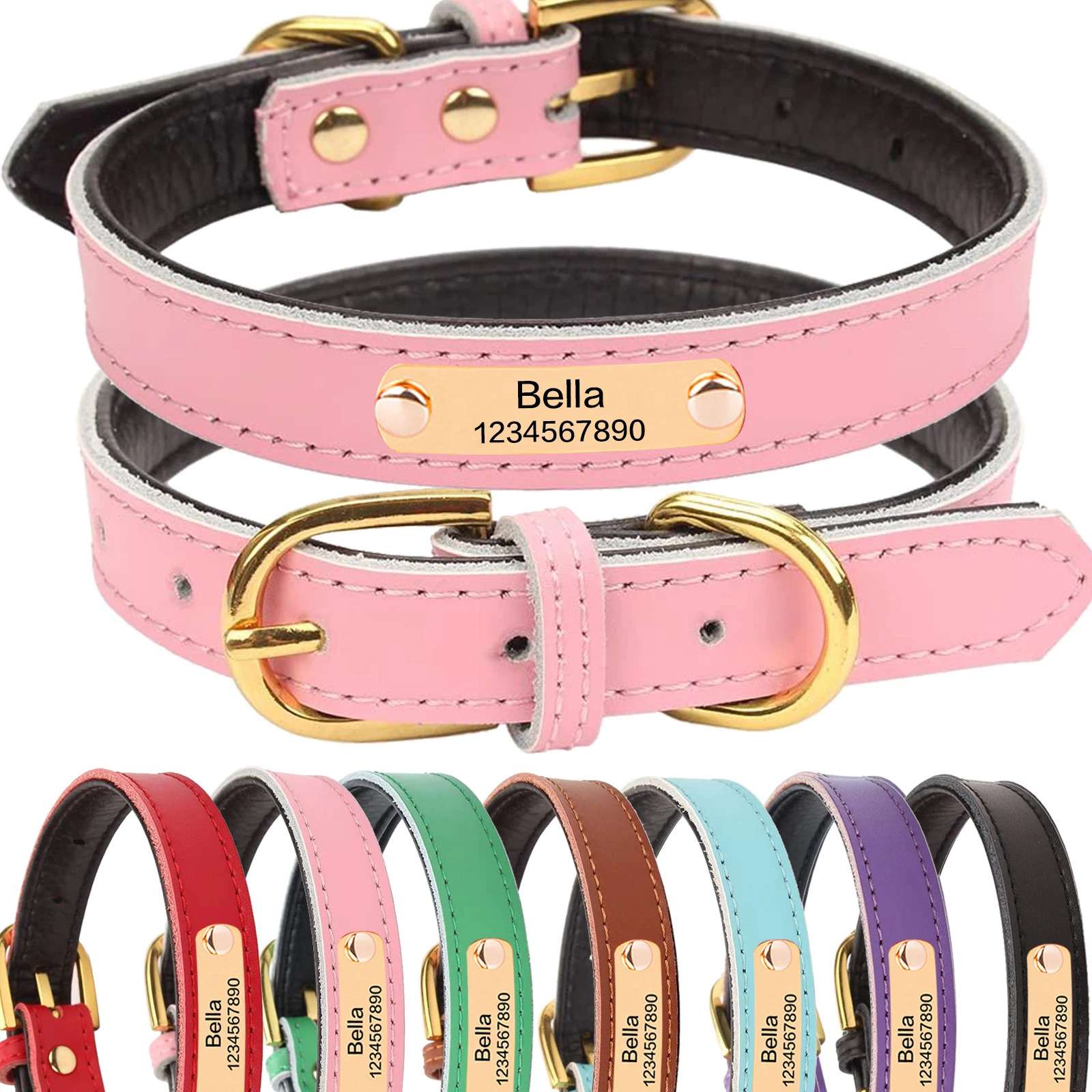 

Personalized Leather Padded Dog Collar Customized ID Free Engraving Nameplate Pet Collars For Small Medium Dogs