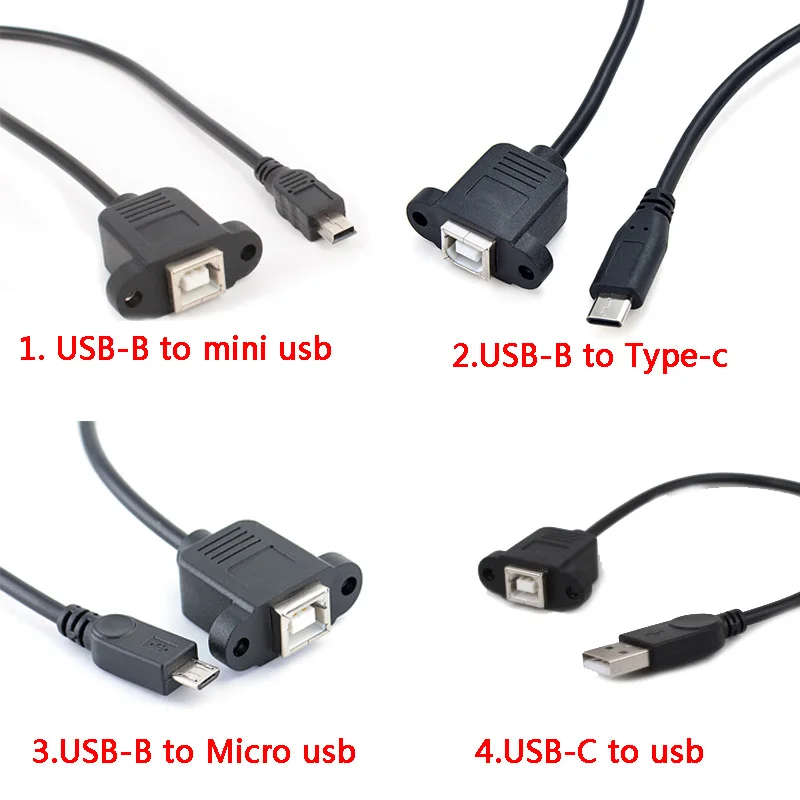 0.5M Type B Female Printer To Micro Usb Mini Usb Type-c Male Extension Cable with Panel Mount Screw