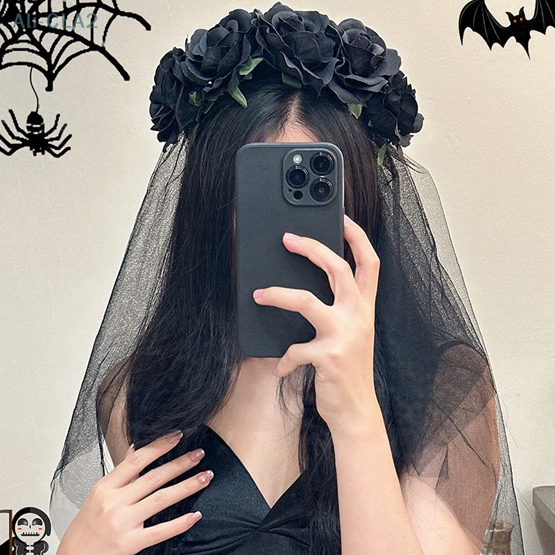 Halloween Black Day Flower Mesh Witch Hair Hoop Rose Floral Crown Veil Headwear Festival Party Costume Propps Vintage Headband