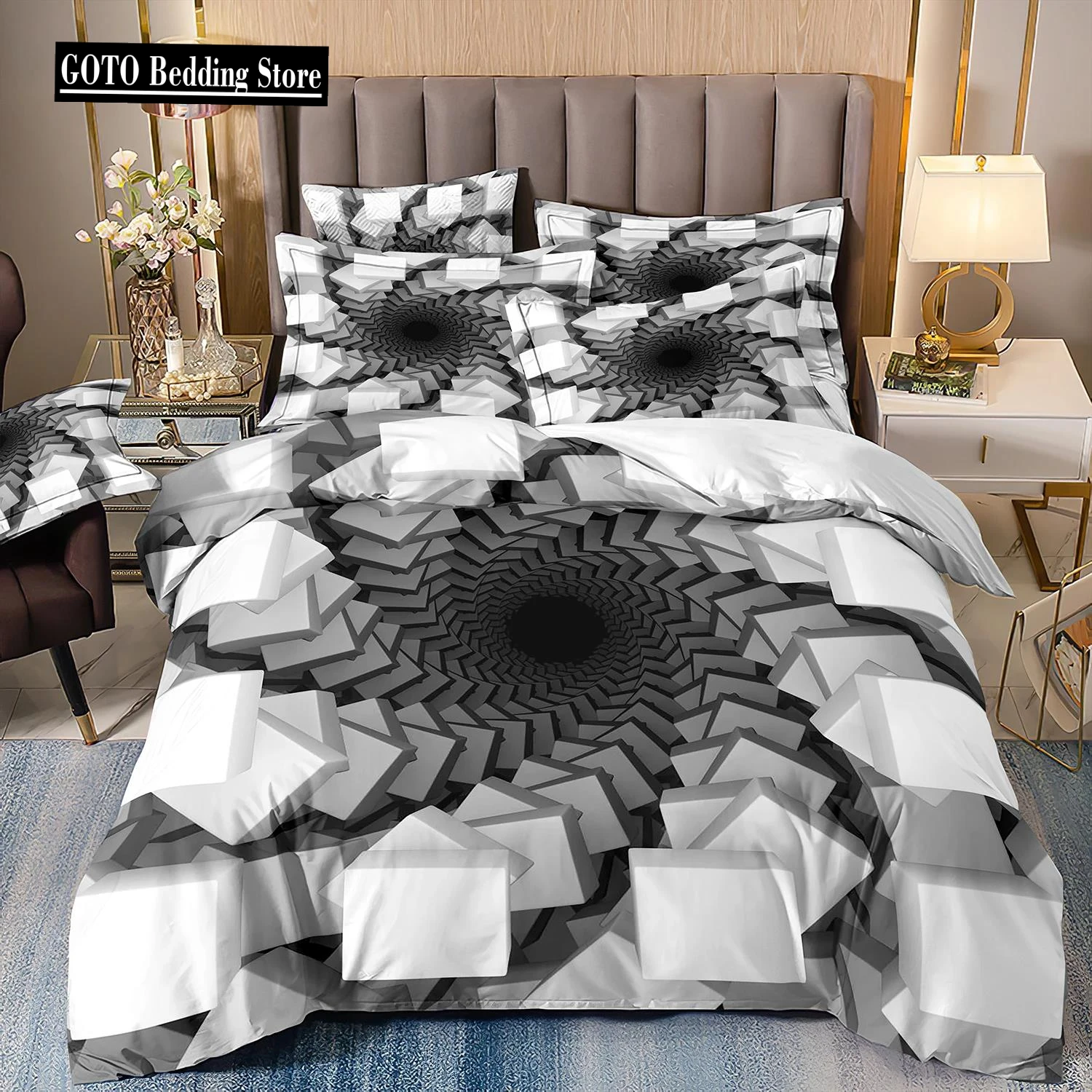 

Microfiber Bedding Set for Double Bed, Abstract Style Print, Honeycomb Quilt Cover, Duvet Cover, Pillowcover, Black and White