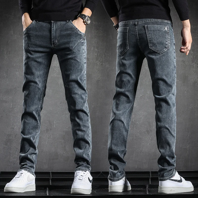 Tight Korean Fashion Jeans For Men Slim Fit Small Feet Casual Long Denim Pants Elastic Vintage Skinny Jeans Trousers