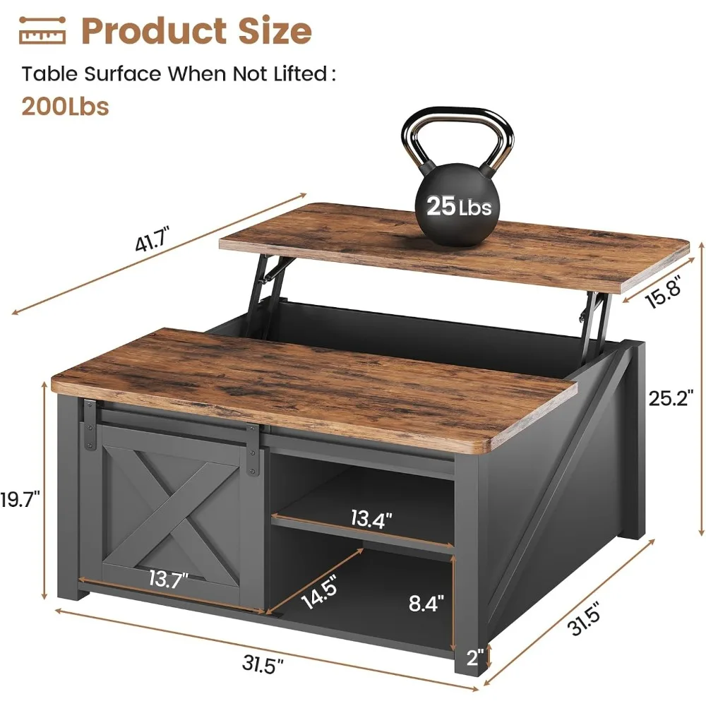 Mesa de centro elevatória de 31,5" com armazenamento, mesa de centro quadrada para sala de estar, mesa de centro de fazenda com grande