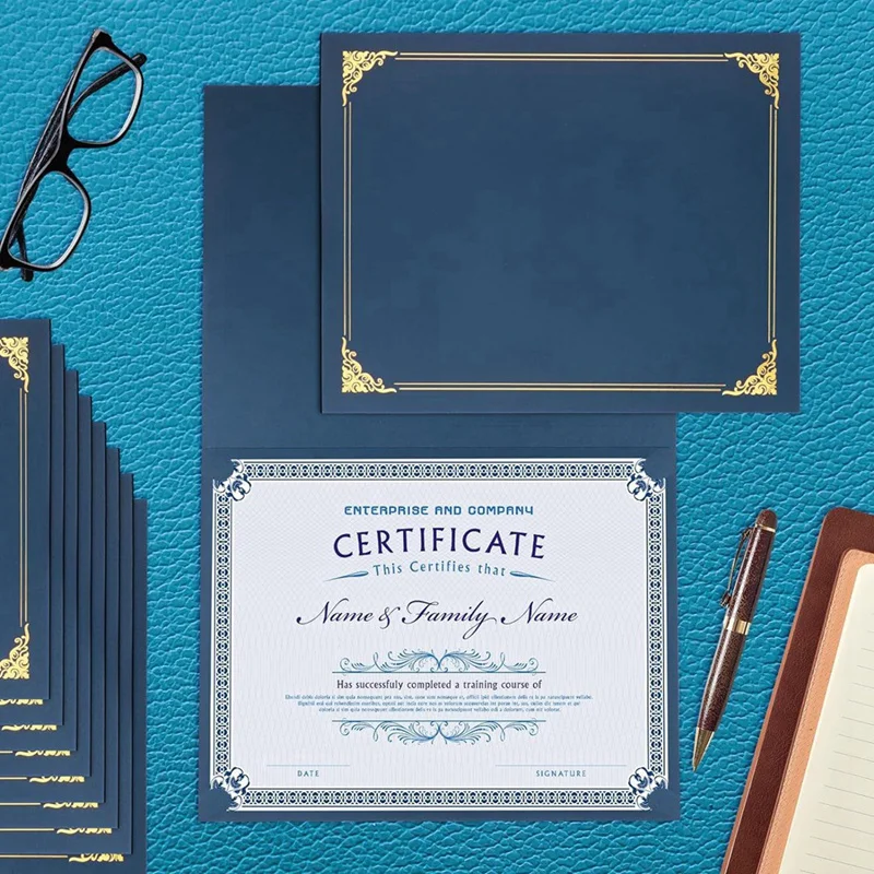 25 PCS Certificate Holders, Diploma Holders Certificate Covers With Gold Foil Border Blue Paper For Letter Size 8.5X11 Inch