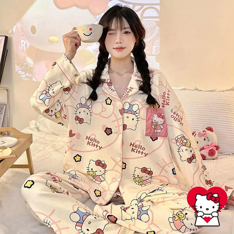 2 قطعة بيجامة سانريو Kawaii مرحبا كيتي الصيف طويلة الأكمام بنطلون فضفاض مريح عادية الكرتون الراقية الهدايا
