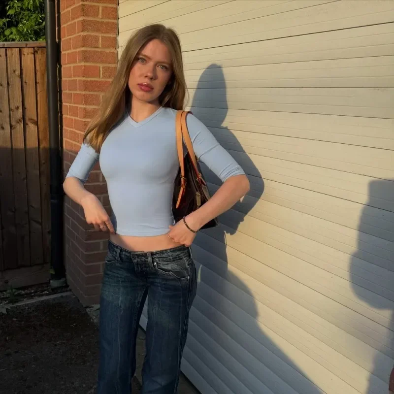 Schlankes V-Ausschnitt T-Shirt für Damen mit Ellbogenärmeln, Vintage Casual Basic Crop Top, Street Bodycon Y2K Ästhetik Commute T-Shirt 2026 – Detail 18