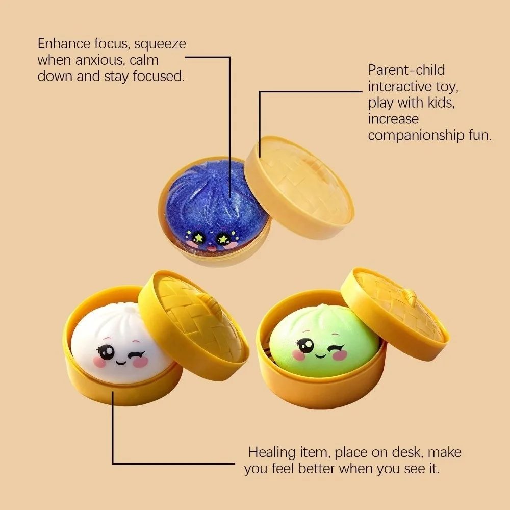 

Glitter Dumplings Squishy with Steamer Slow Resilience Steamed Bun Squishy Pinch Le Fidget Soft Squishy