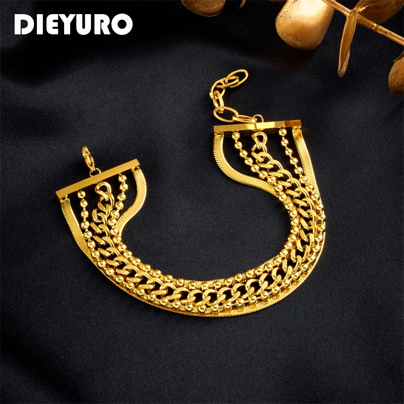 DIEYURO 316L Stainless Steel Gold Color Multi-layer Chains Bracelet For Women Girl New Trend Lady Bangle Non-fading Jewelry Gift