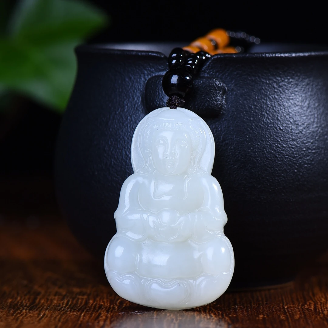 25*40mm Genuine China Nephrite Stone White Hetian Jade Guanyin Pendant Lucky Amulet Necklace Men Women Certified Jewelry Gifts