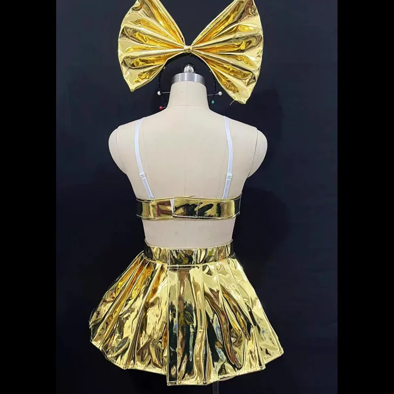Bar Nightclub Women DJ Gogo Dancer Costume Silver Gold Laser Leather Mini Skirt Bow Headgear Team Dance Outfit Sexy Stage Wear