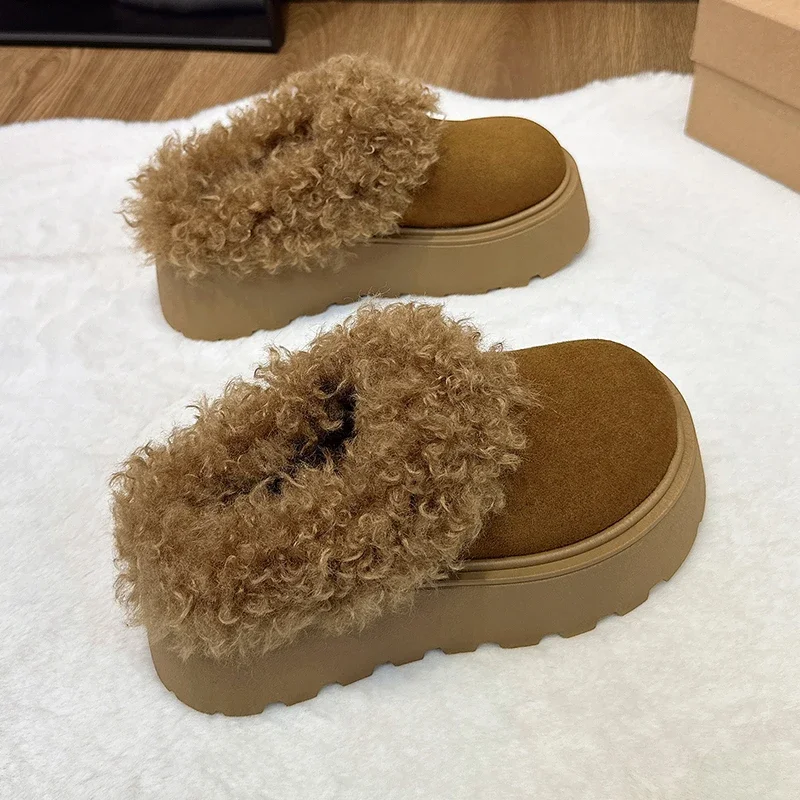 Women Winter Chunky Platform Slippers Extra Curly Trim Booties Faux Suede House Shoes Height Increasing Mules