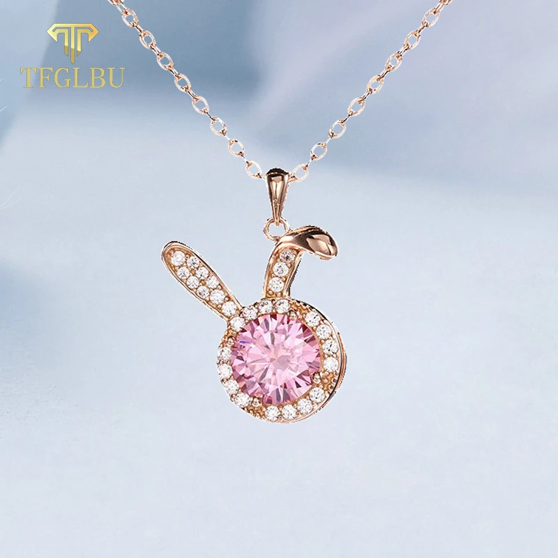 TFGLBU 1CT White/pink Round Moissanite 925 Sterling Silver Pendant for Women Shining Cute Rabbit Necklace Original Jewelry Gifts