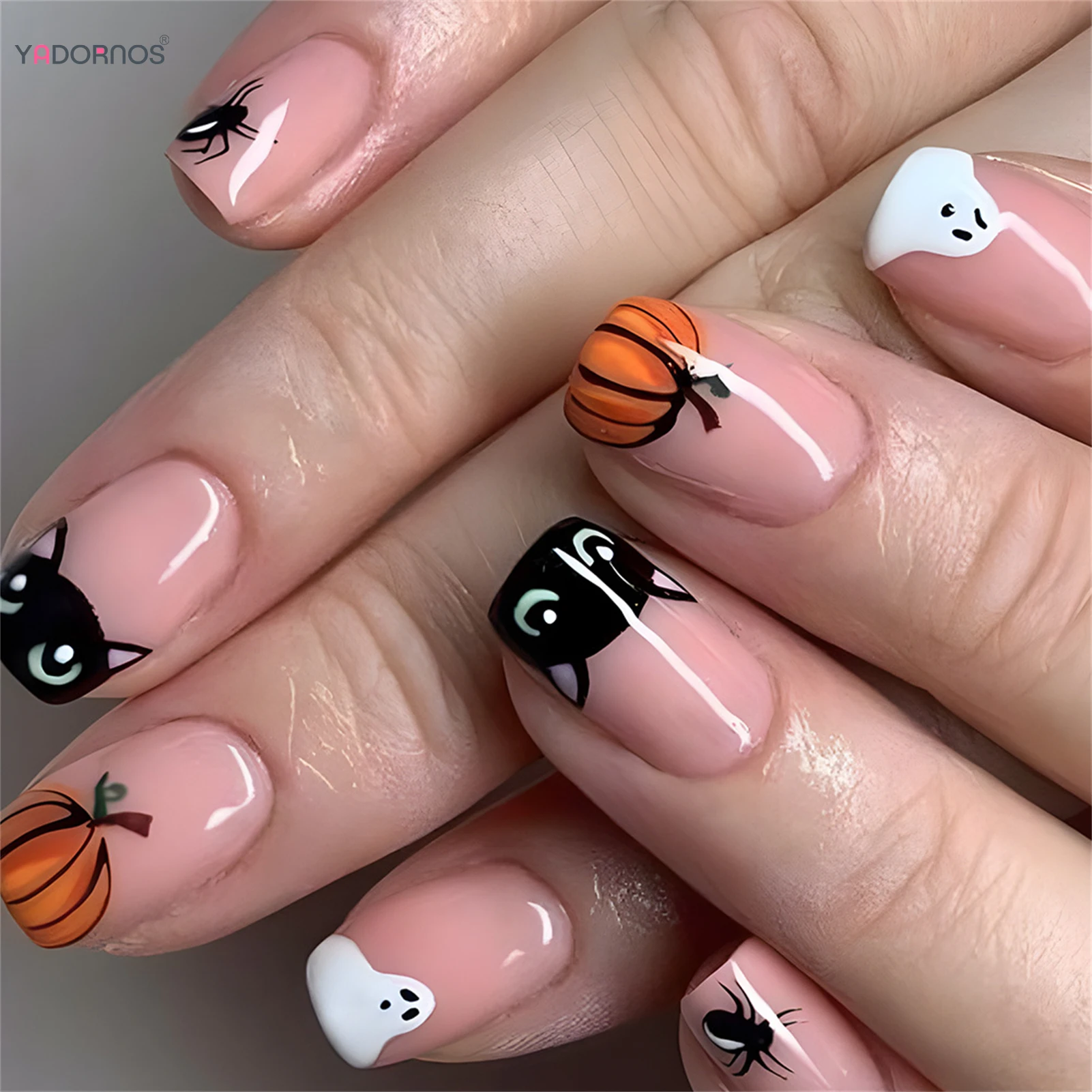 

24pcs Halloween Theme False Nails Short Square Press On Nails With Ghost Pumpkin Black Cat Designs Full Cover Fake Nail Tips