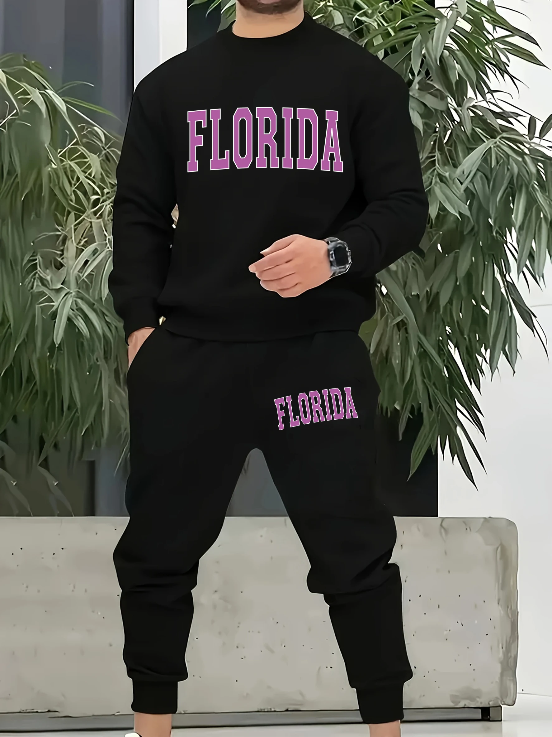 

Florida Pink Letter Print Mans Tracksuit Trendy Autumn Warm Simple Pants Casual Basics Clothes Unisex Loose Retro Sportset