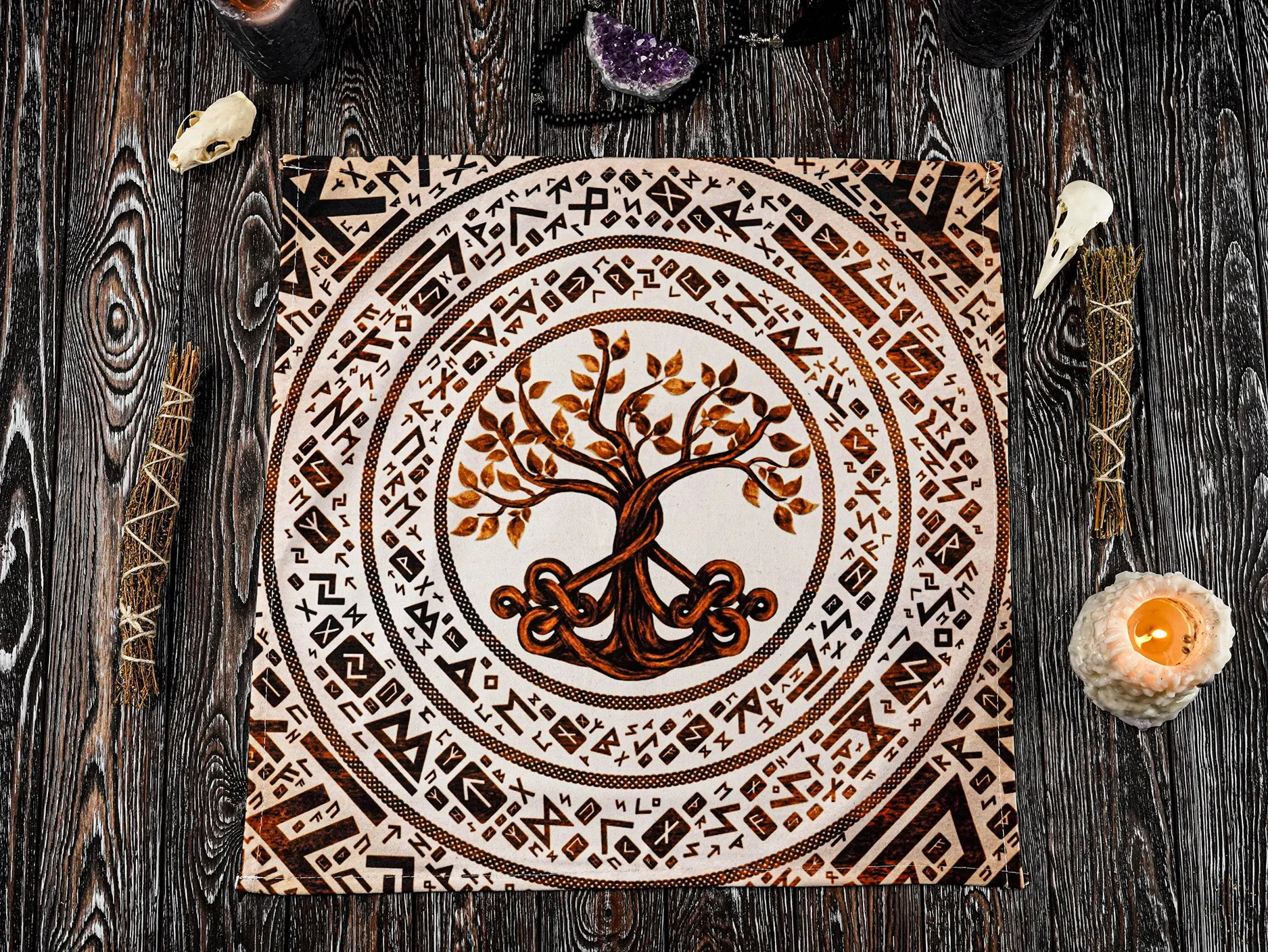 50/75/110/137cm Viking Yggdrasil Tree of Life Altar Tablecloth Norse Runes Witchcraft Tarot Mat Pagan Spiritual Decor Tarot Mat