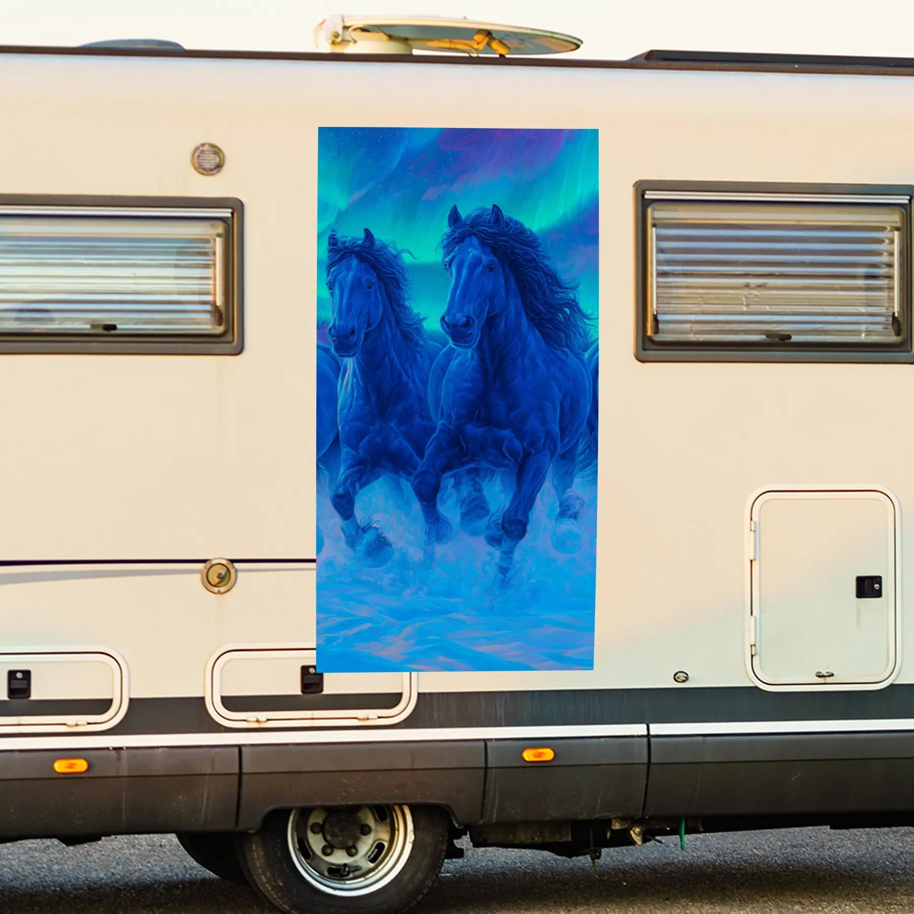 Horses Galloping Under Aurora,Waterproof Vinyl Decal for RV Side, Self - Adhesive Stickers to Decorate & Protect RV Body, Perfec