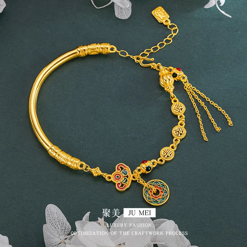 9999 24K Real Gold Treasure Flower Half Bracelet Bracelet Enamel Burning Blue Bracelet Accessories Retro Brand Pumpkin Jewelry