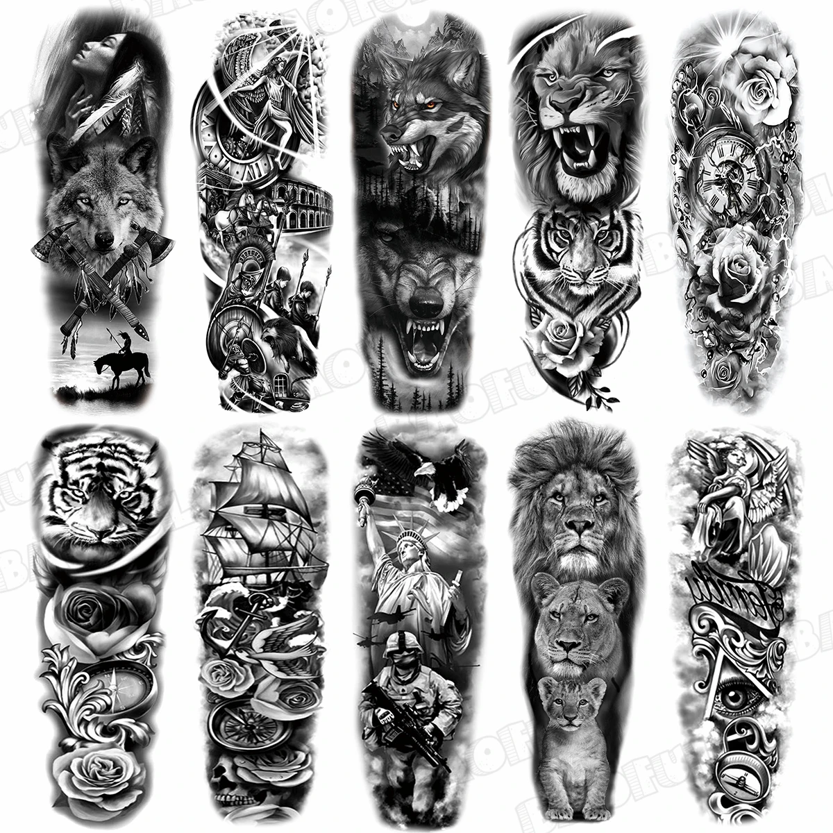 Full Sleeve Temporary Tattoos For Women Men Wolf Lion Tiger Rose Flower Knight Compass Fake Tattoo Sticker Sexy Arm Tatoos DIY