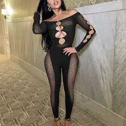 Sexy Off Shoulder Mesh Jumpsuit Women Body Hollow Out Bodysuit Leopard Beading Pants Elegant Night Club Outfits Romper Overalls