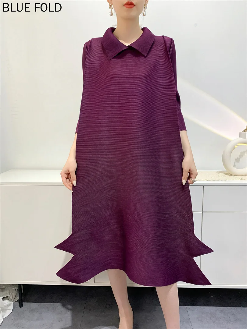 MIYAKE-Vestido plisado de primavera y otoño para mujer, de talla grande ropa holgada, longitud media, Mangas de tres cuartos, nuevo estilo