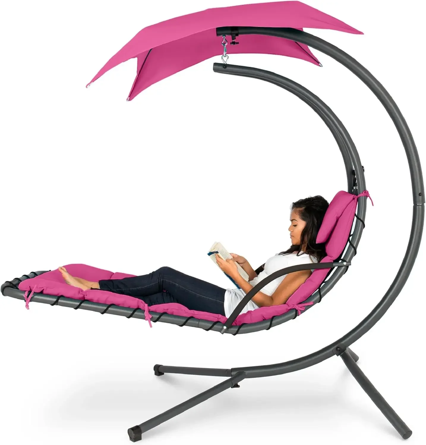 

Best Choice Products Outdoor Hanging Curved Steel Chaise Lounge Chair Swing w/Built-in Pillow and Removable Canopy - Pink