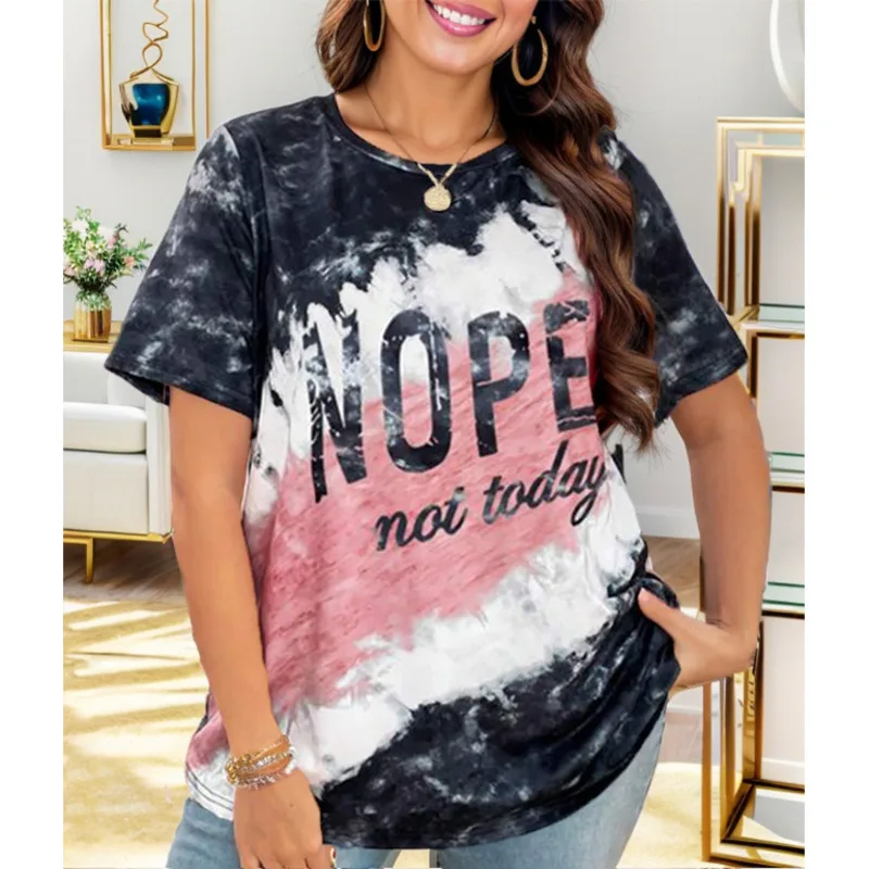 JY Plus Size Letter Print Top Colorblock Crew Neck Short Sleeve, O Neck, Leisure Time Ladies Tshirt Tops, Summer, 2024