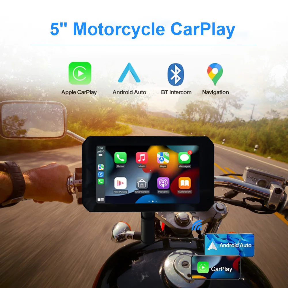 Portable GPS Navigation 5 Inch Motorcycle Carplay Display Wireless Android Auto Apple Carplay IPX7 Waterproof