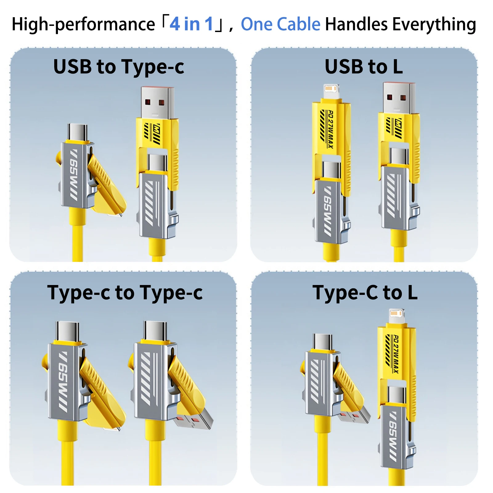 كابل USB ملفوف 4 في 1، سلك شاحن قابل للسحب بقدرة 65 وات ومزامنة البيانات، سلك شحن سريع لهاتف iPhone 17/16، iPad، Samsung Galaxy S24
