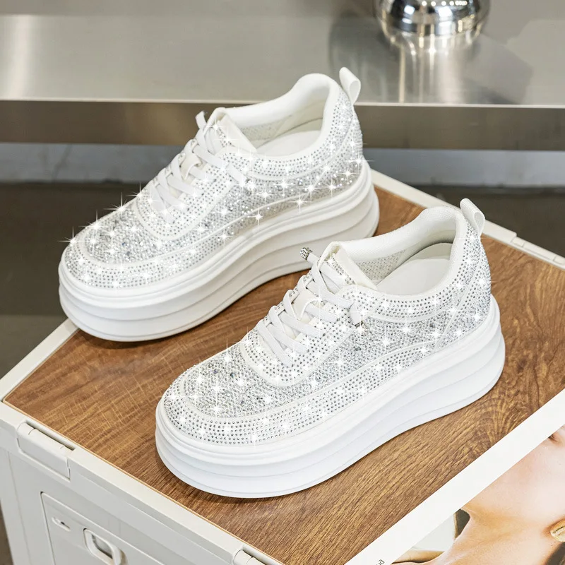 

Rhinestone Breathable Thick Sole Inner Heighten Casual Women's Shoes Small White Shoes Women Shoes New Hollow Round Toe Sneakers